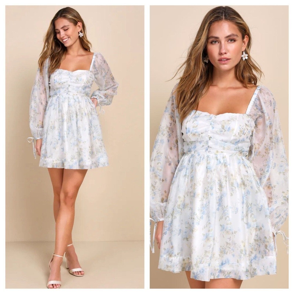 Lulus Exceptionally Dainty White Floral Chiffon Babydoll Dress Small